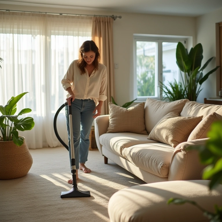 Woman vacuuming a fabric sofa in a bright, Brazilian-style living room, natural light, plants, 8K, Mulher aspirando sofá de tecido em sala iluminada.
