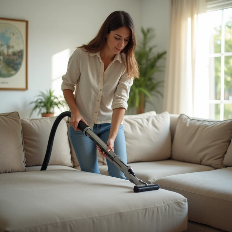 Woman vacuuming sofa with upholstery attachment, bright living room, Brazilian style, natural Aspirando sofá com bocal para estofados.