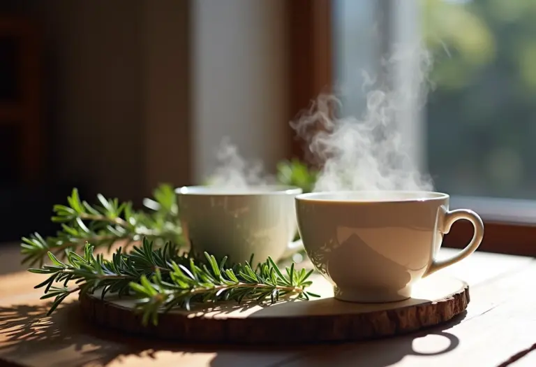 Xícara de chá de alecrim fumegante com raminhos frescos ao lado.