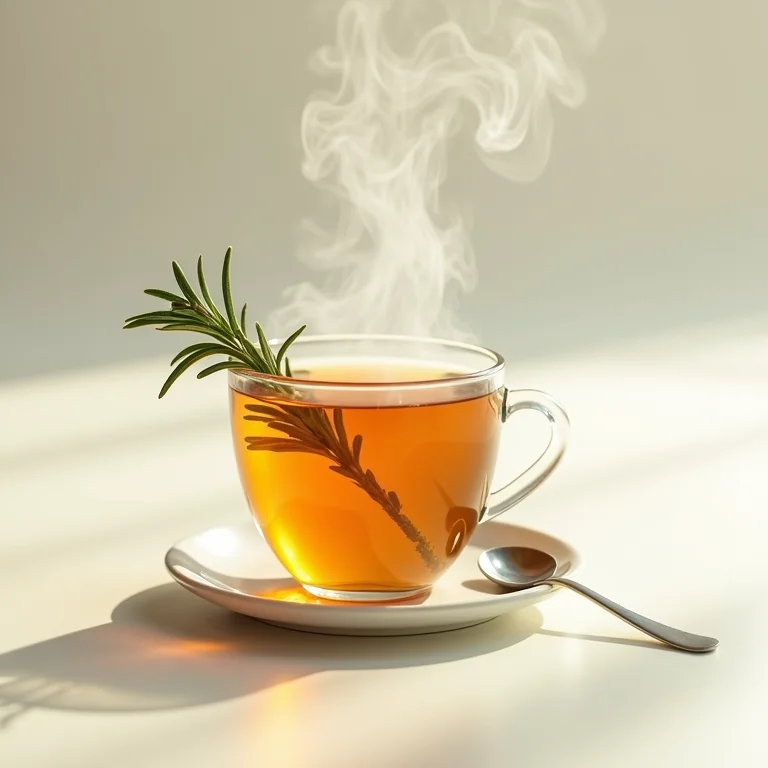 Xícara de chá de alecrim fumegante.