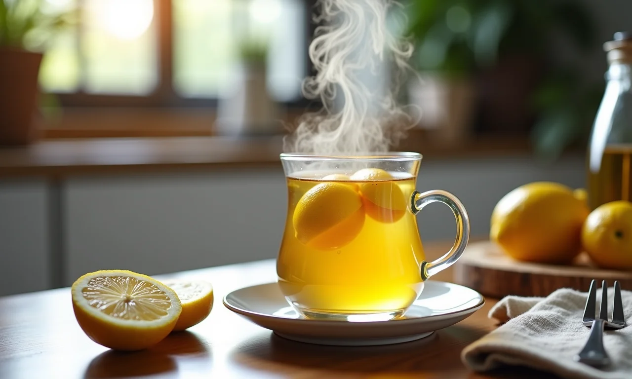 Xícara de chá de capim-limão ao lado de refeição leve, digestão.