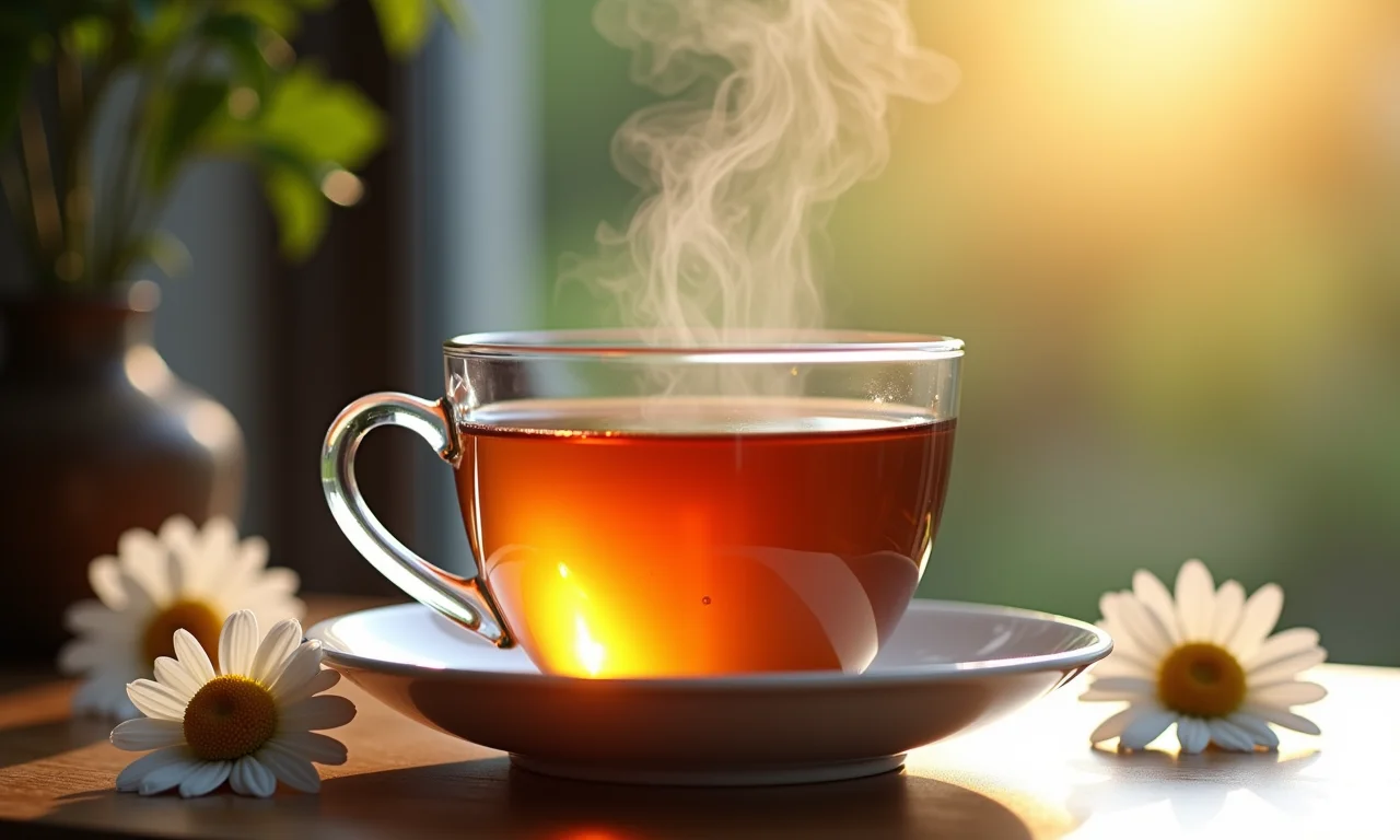 Xícara fumegante de chá de camomila, ambiente calmo e relaxante.