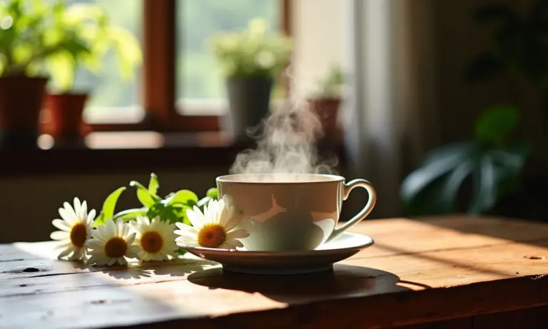 Xícara fumegante de chá de camomila em mesa de madeira rústica.