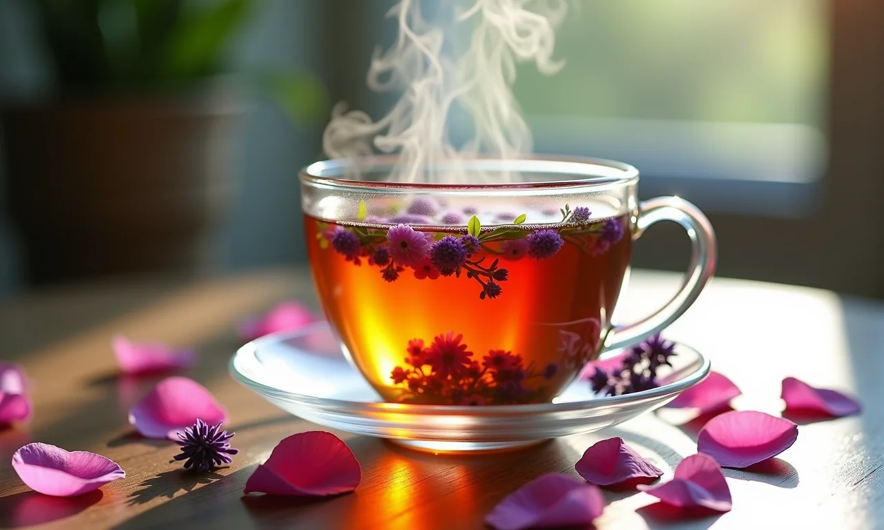 Chá de flores: camomila lavanda e rosas Xícara fumegante de chá de camomila, lavanda e rosas.