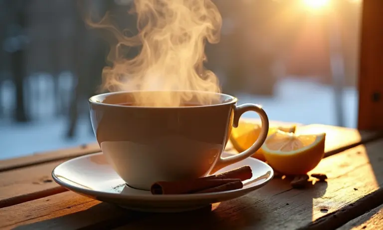 Xícara fumegante de chá de canela, gengibre e limão.