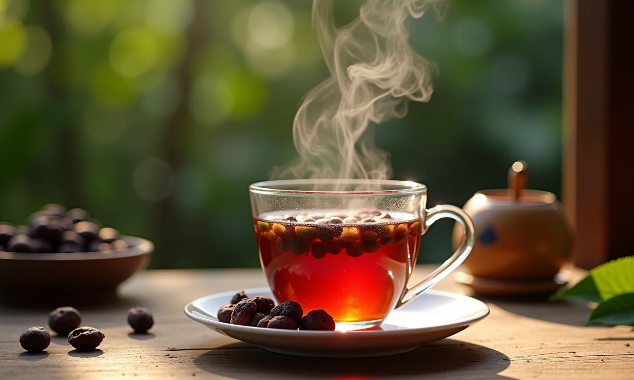 Chá de folha de amora: curiosidades e preparo Xícara fumegante de chá de folha de amora sobre mesa de madeira rústica.