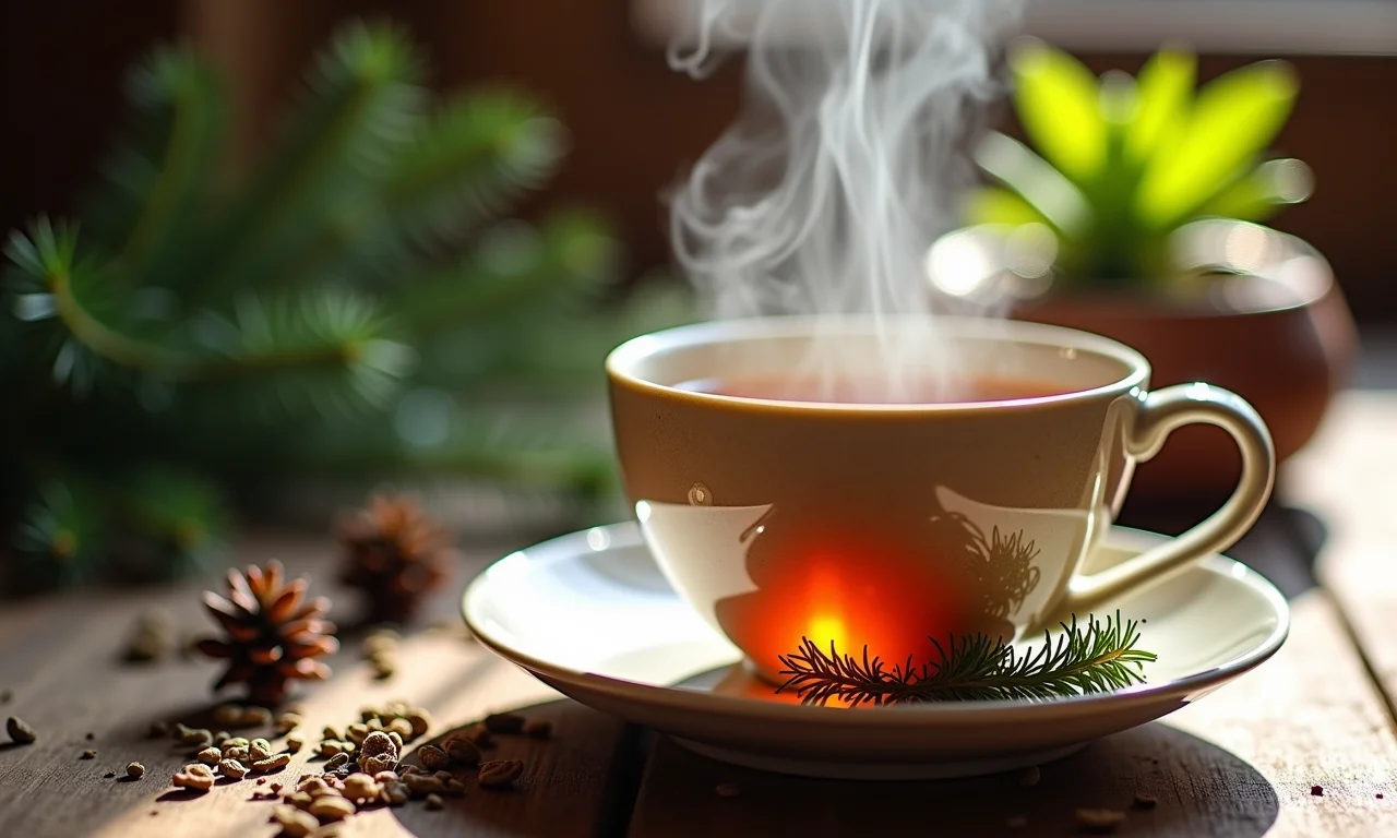 Chá de zimbro: o sabor do gin na sua xícara Xícara fumegante de chá de zimbro com ingredientes naturais.