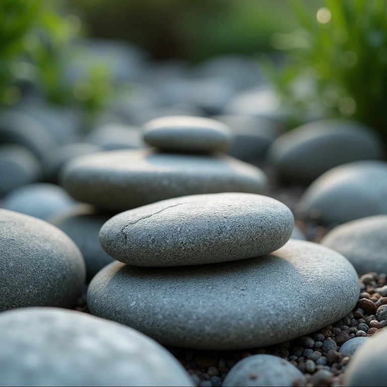 Zen garden stones, various shapes, natural textures, balanced arrangement, close-up, 8K, Pedras de jardim zen em diversas formas e texturas naturais.