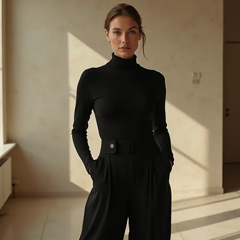 Moda feminina elegante e sofisticada: look minimalista chic com gola alta preta e calças de perna larga em loft minimalista
