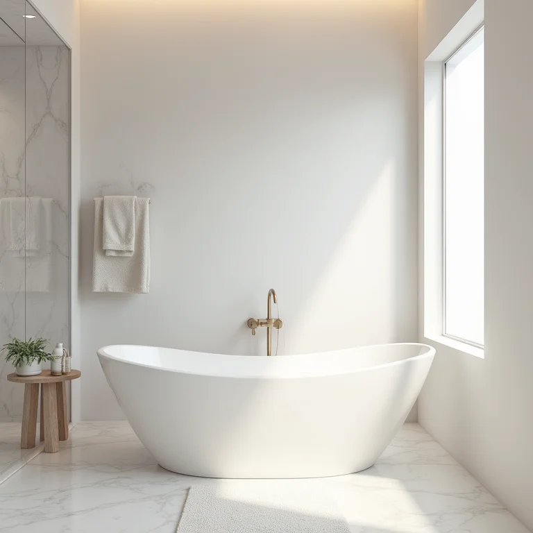 Sandálias minimalistas ao lado de banheira branca minimalista em banheiro sereno.