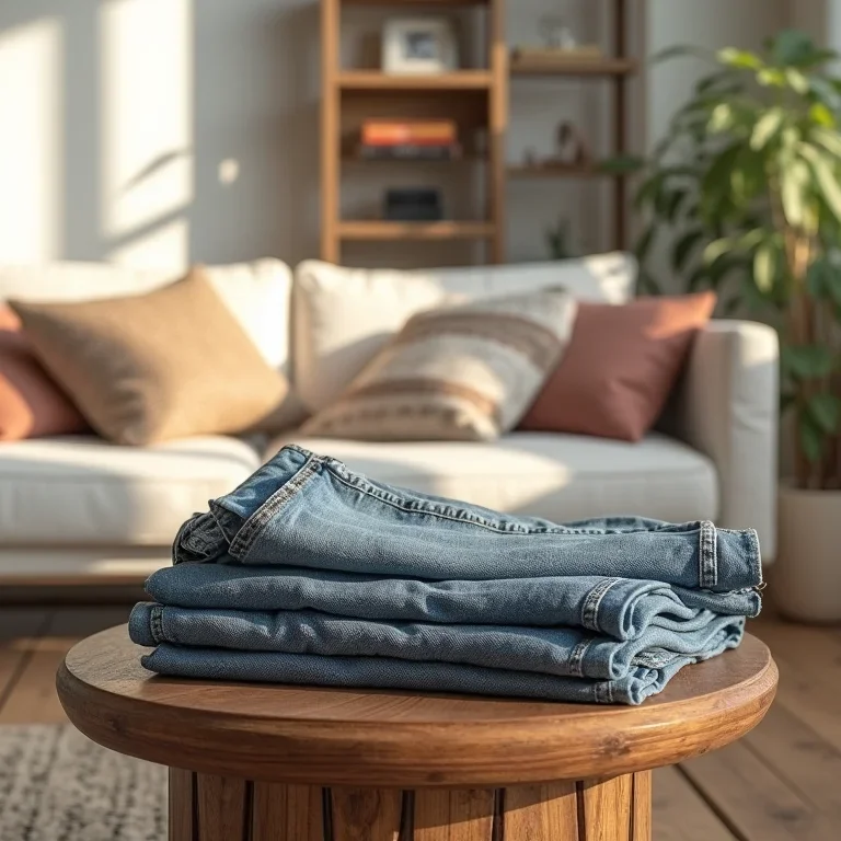 Mesa de centro casual com guia de estilos de moda feminina, jeans e suéteres confortáveis.