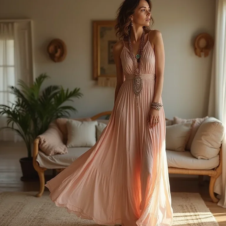 Moda feminina elegante e sofisticada: look boho chic elegante com vestido maxi e colares em sala de estar boêmia