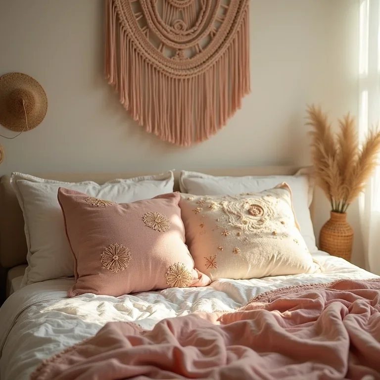 Cama com almofadas bordadas e guia de estilos de moda feminina, vestidos fluidos e acessórios boêmios.