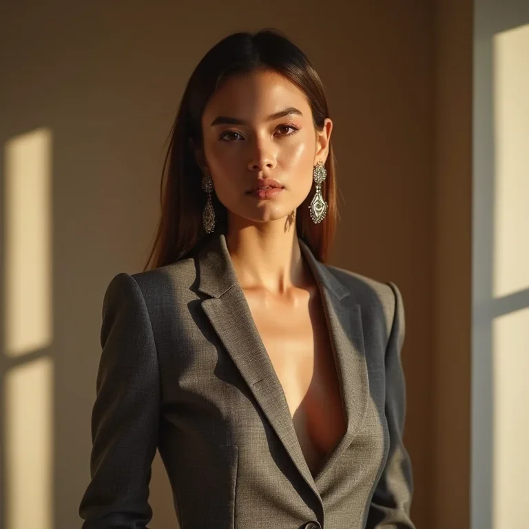 Moda feminina elegante e sofisticada: look moderno e arrojado com terno e brincos statement em galeria de arte moderna