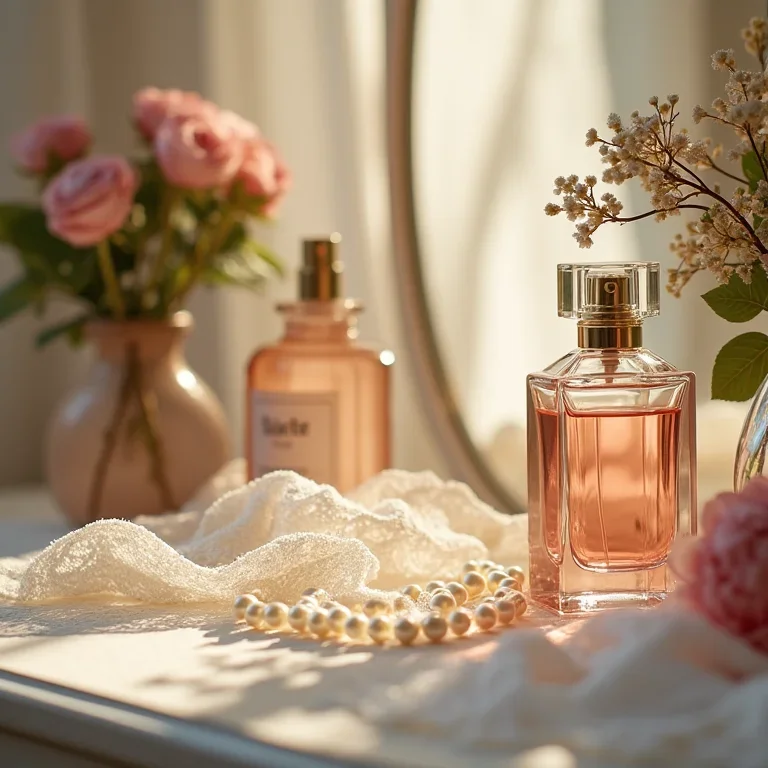 Penteadeira com guia de estilos de moda feminina, frascos de perfume delicados e arranjos florais, vestidos de renda e colares de pérolas.