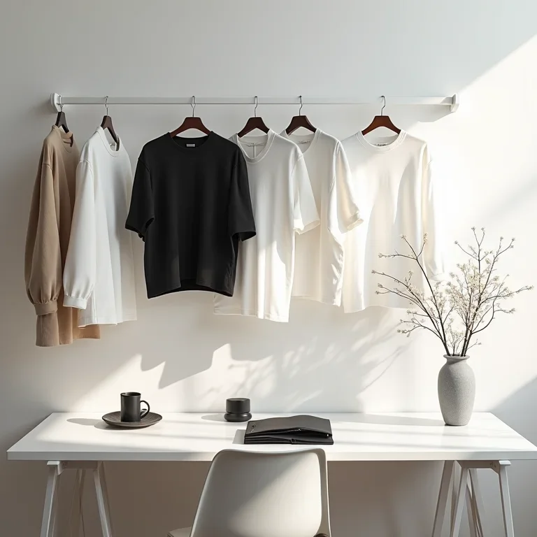 Escrivaninha branca minimalista com guia de estilos de moda feminina, roupas simples em preto e branco.