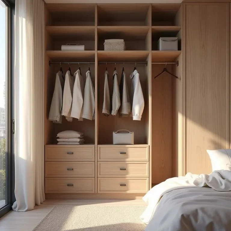 Moda feminina elegante e sofisticada: guarda-roupa cápsula elegante e organizado em quarto minimalista