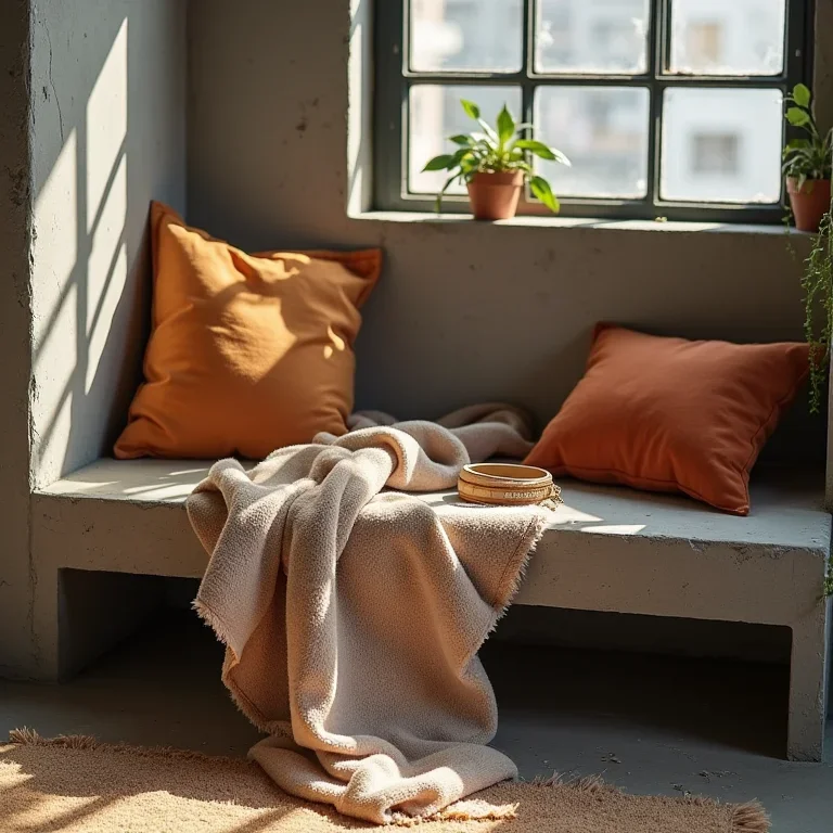 Banco de concreto em loft urbano com guia de estilos de moda feminina, streetwear e acessórios ousados.