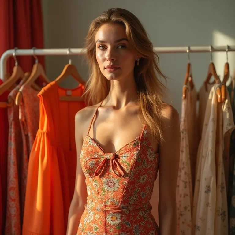 Moda feminina elegante e sofisticada: mulher experimentando cores e estampas em provador iluminado