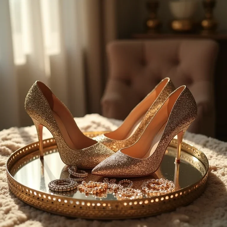 Bandeja espelhada com guia de estilos de moda feminina, joias brilhantes e saltos altos, vestidos de lantejoulas e acessórios luxuosos.