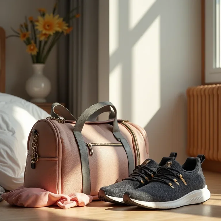 Bolsa de ginástica e tênis com guia de estilos de moda feminina, roupas esportivas e confortáveis.