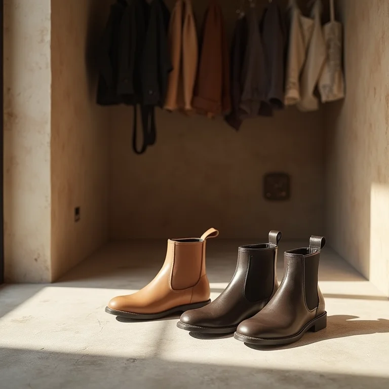 Botas Chelsea e de cano curto minimalistas em piso de concreto, closet minimalista.