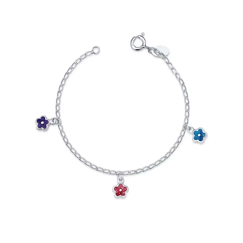 Pulseira Prata Infantil Flores Glitter