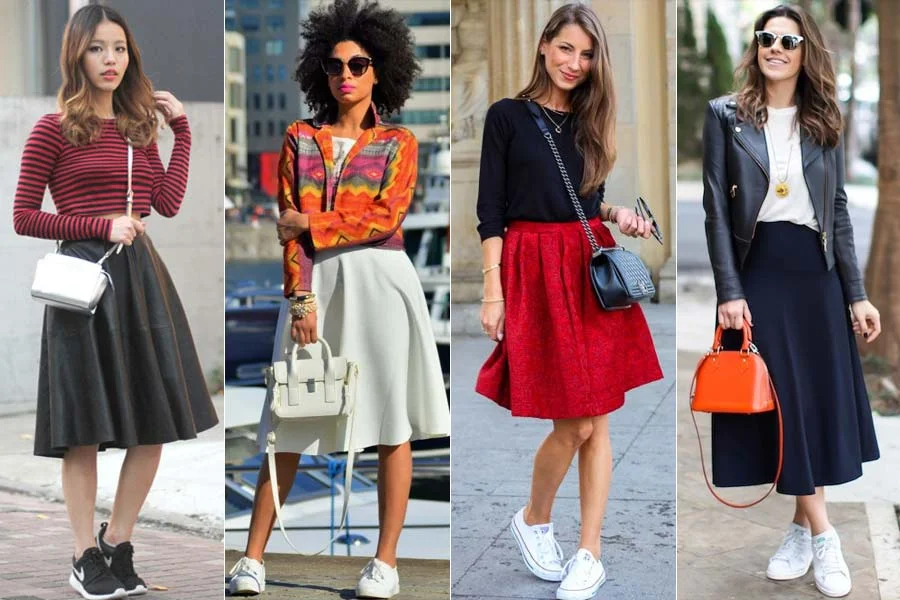 usar: Saia midi com sapato sem salto