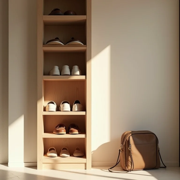 Sapateira minimalista com vários sapatos minimalistas, sugerindo 'Manutenção e Limpeza a Longo Prazo'.