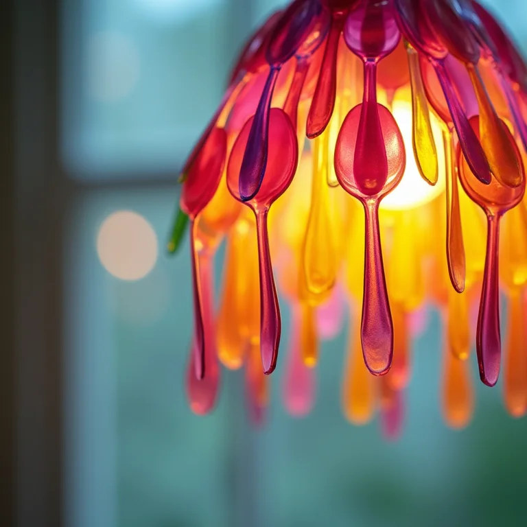 Abajur colorido feito com colheres plásticas em tons vibrantes.