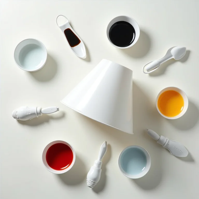 Abajur degradê de colheres plásticas em processo de tingimento.