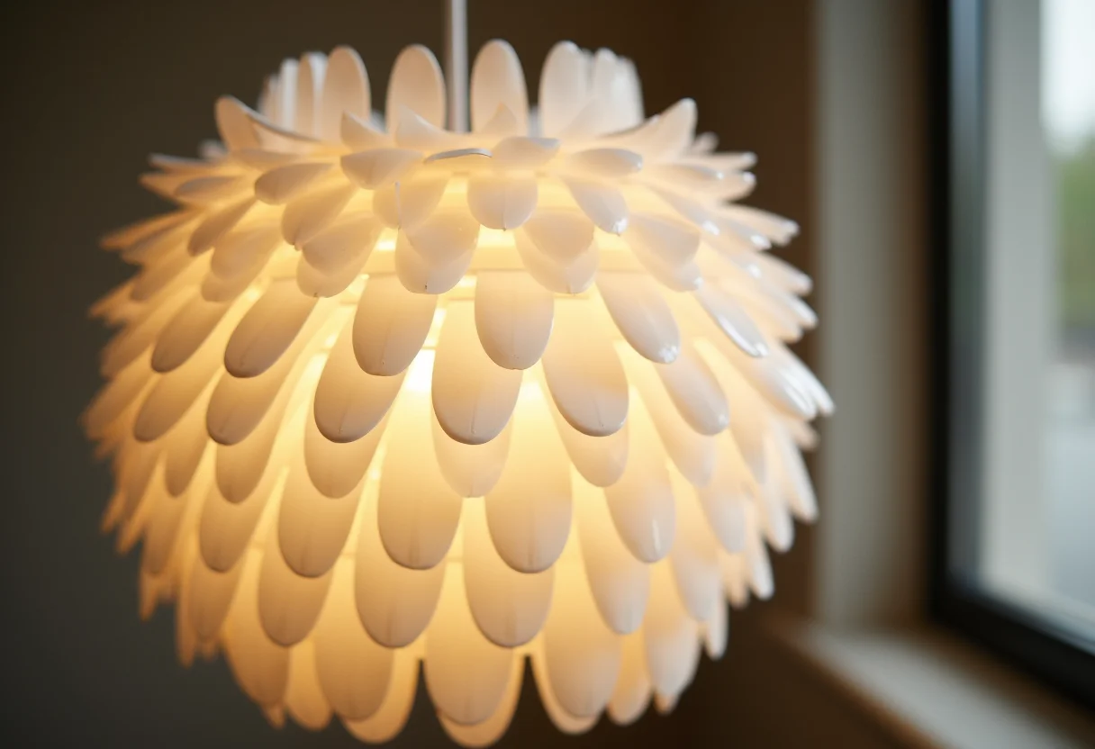 Abajur de colheres plásticas: o passo a passo genial e barato Abajur feito de colheres plásticas brancas iluminando um ambiente acolhedor.