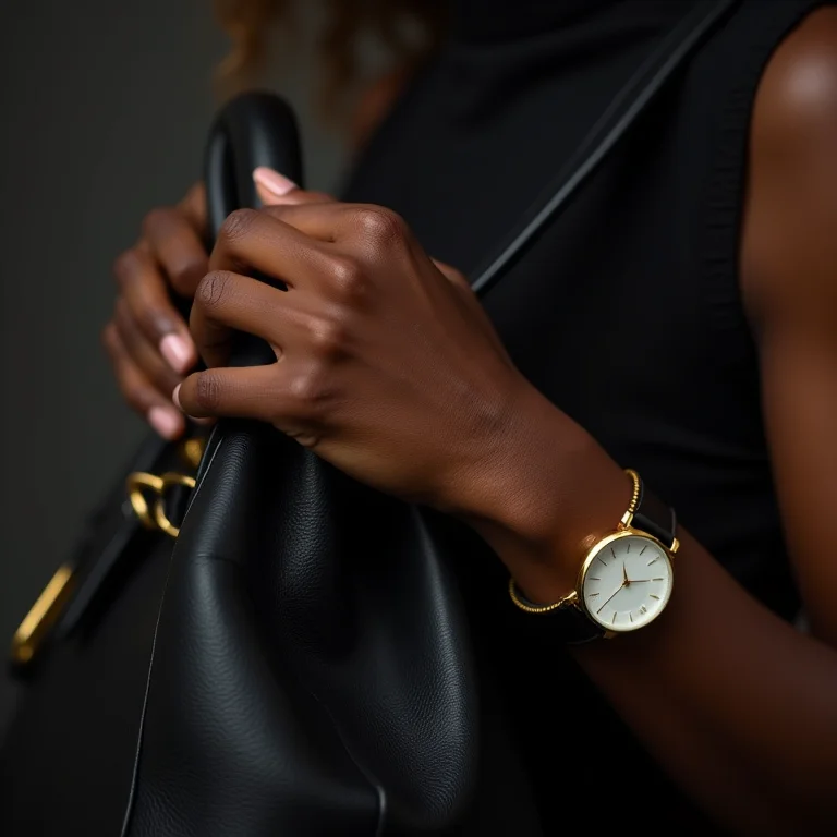 Acessórios clássicos e elegantes: relógio dourado e bolsa de couro preta.