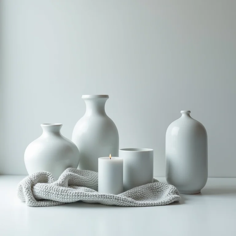 Acessórios decorativos cor gelo, incluindo vasos, velas e têxteis