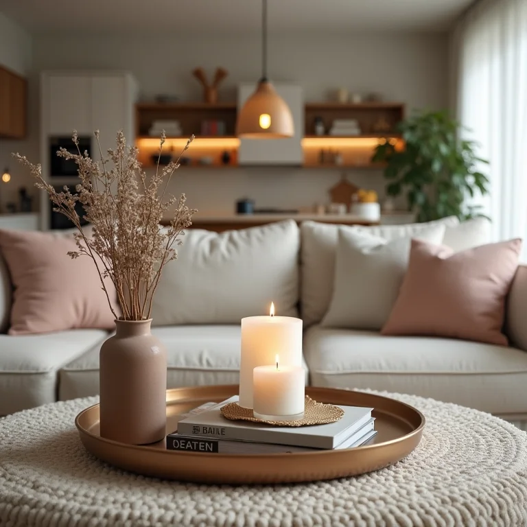 Acessórios decorativos sobre mesa de centro em cozinha americana