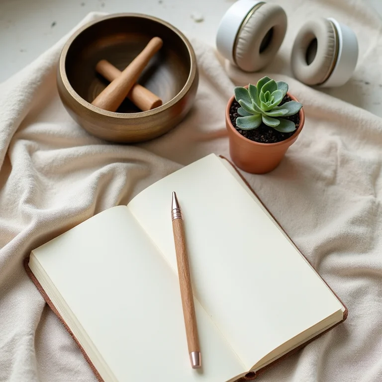 Acessórios essenciais para meditação: tigela tibetana, suculenta, fones e caderno.