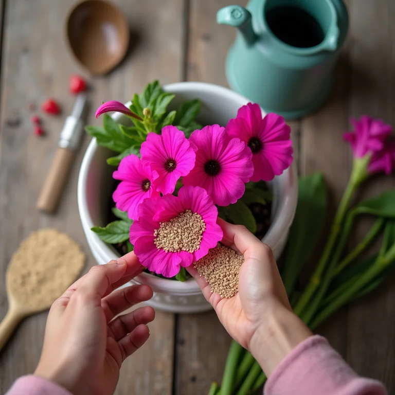 Adubação de petúnias rosas em vaso cerâmico.