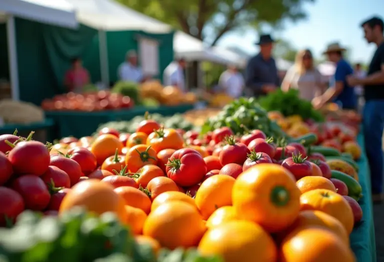 Agricultores diversos exibindo produtos frescos em um mercado local, representando o comércio justo.