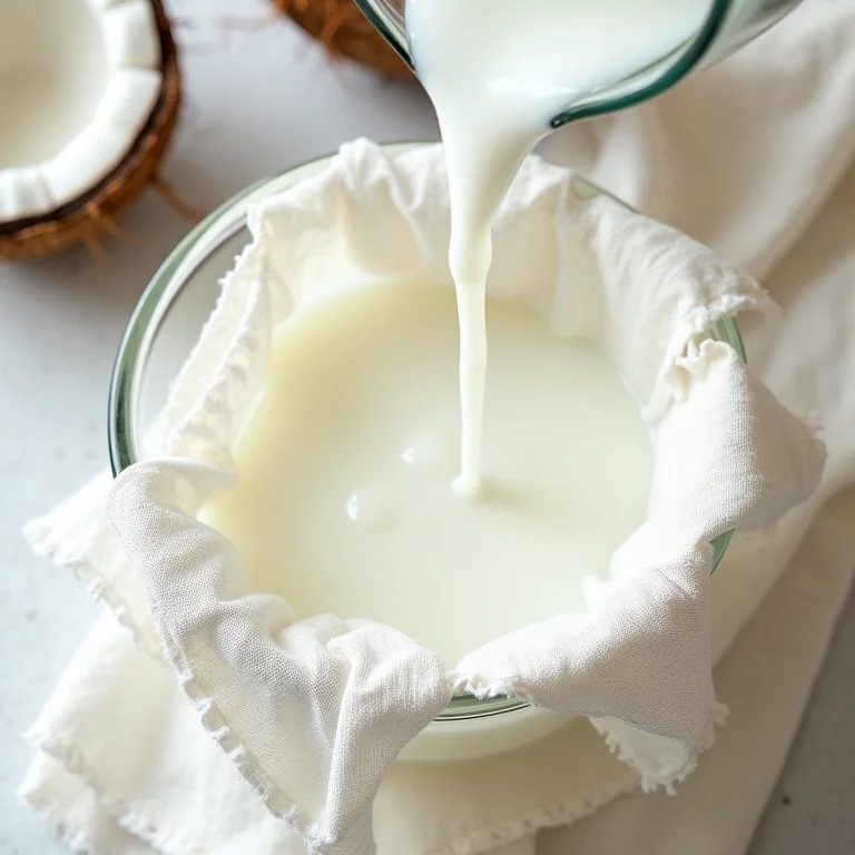 Água de coco sendo coada com pano de algodão.