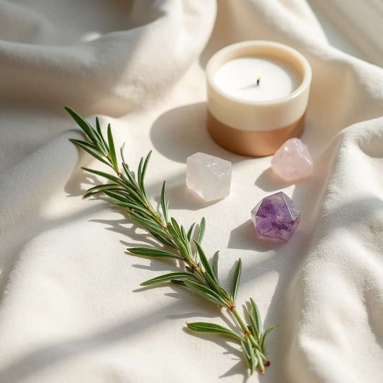 Alecrim, cristais e vela para energização
