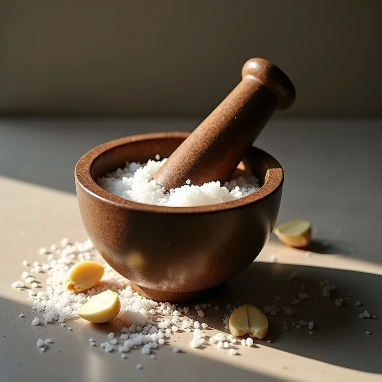 Alho e sal sendo macerados em um pilão de pedra