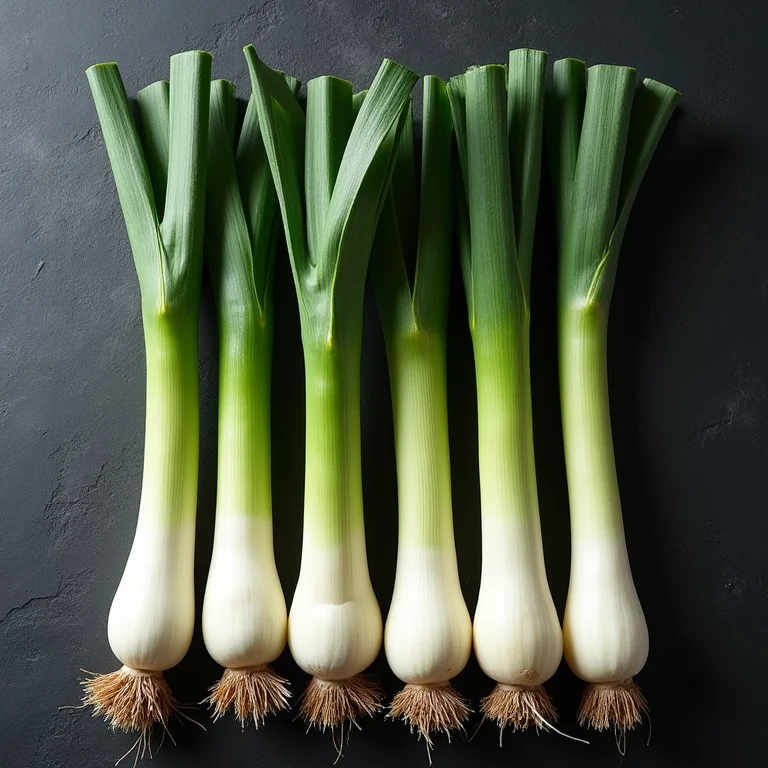 Alhos-porós frescos dispostos em fileira sobre fundo de ardósia.