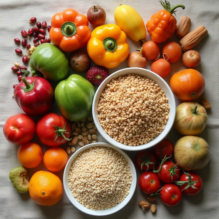 Alimentos ricos em fibras: grãos integrais, frutas e vegetais