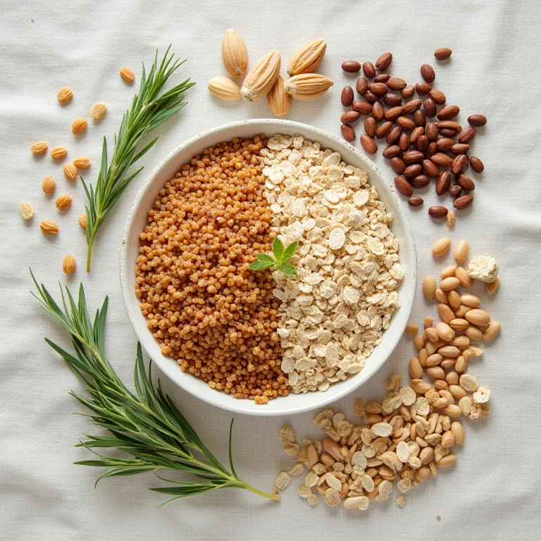 Alimentos ricos em Vitamina B1 (Tiamina) dispostos em uma mesa