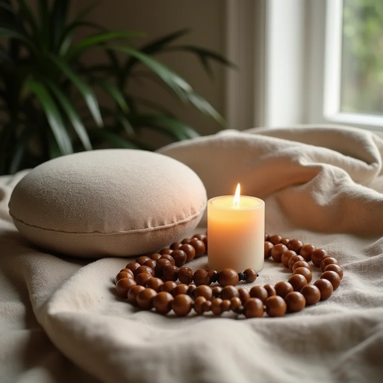 Almofada de meditação, vela e japamala em fundo de linho