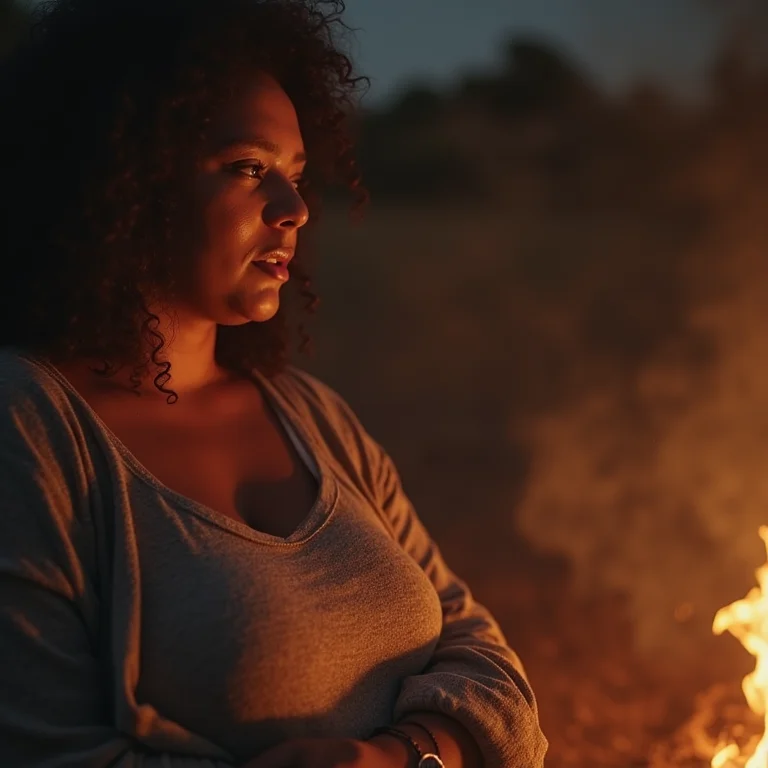 Amiga pedindo para manter distância segura da fogueira.