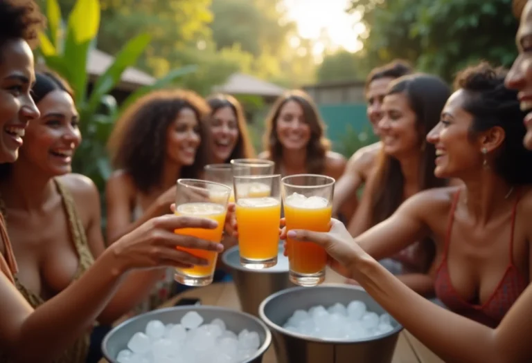 Amigos brindando em festa com gelo e caipirinhas