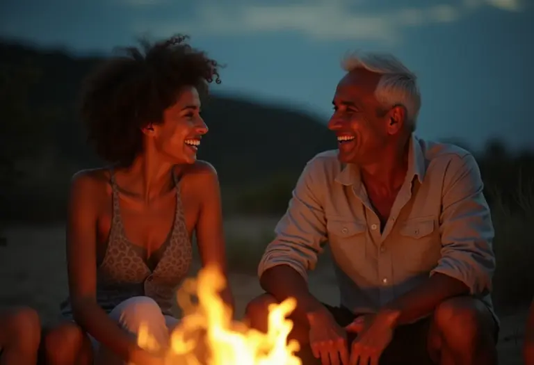 Amigos reunidos em volta da fogueira.