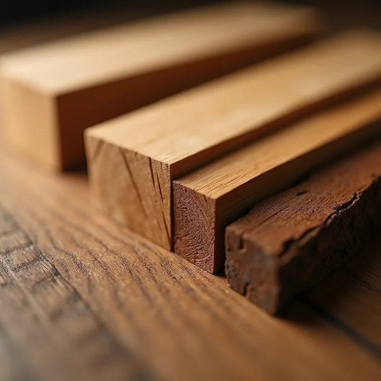 Amostras de diferentes tipos de madeira com detalhes dos grãos e cores