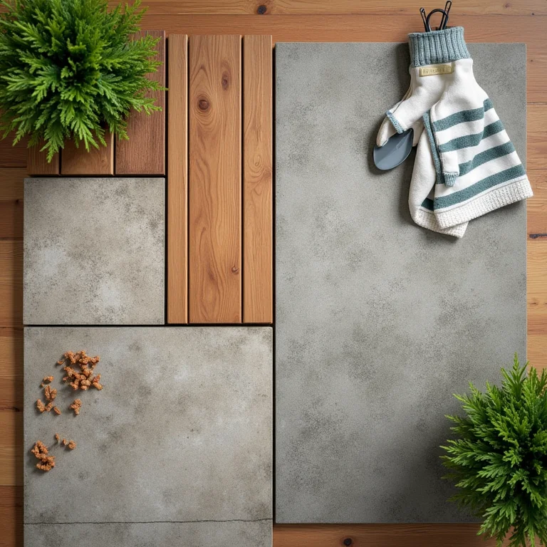 Amostras de diferentes tipos de pisos de quintal organizadas em uma mesa de madeira.